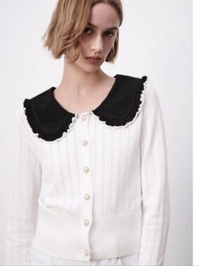 Zara Knit cardigan Contrast Peter Pan Ruffled Collar Women's M